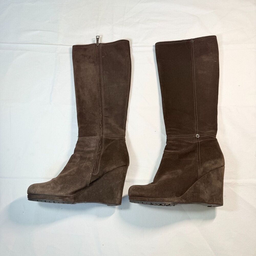 PRADA Dark Brown Suede Knee High Wedge Boots Size 39.5 US 9.5 Lug Sole 3W4971